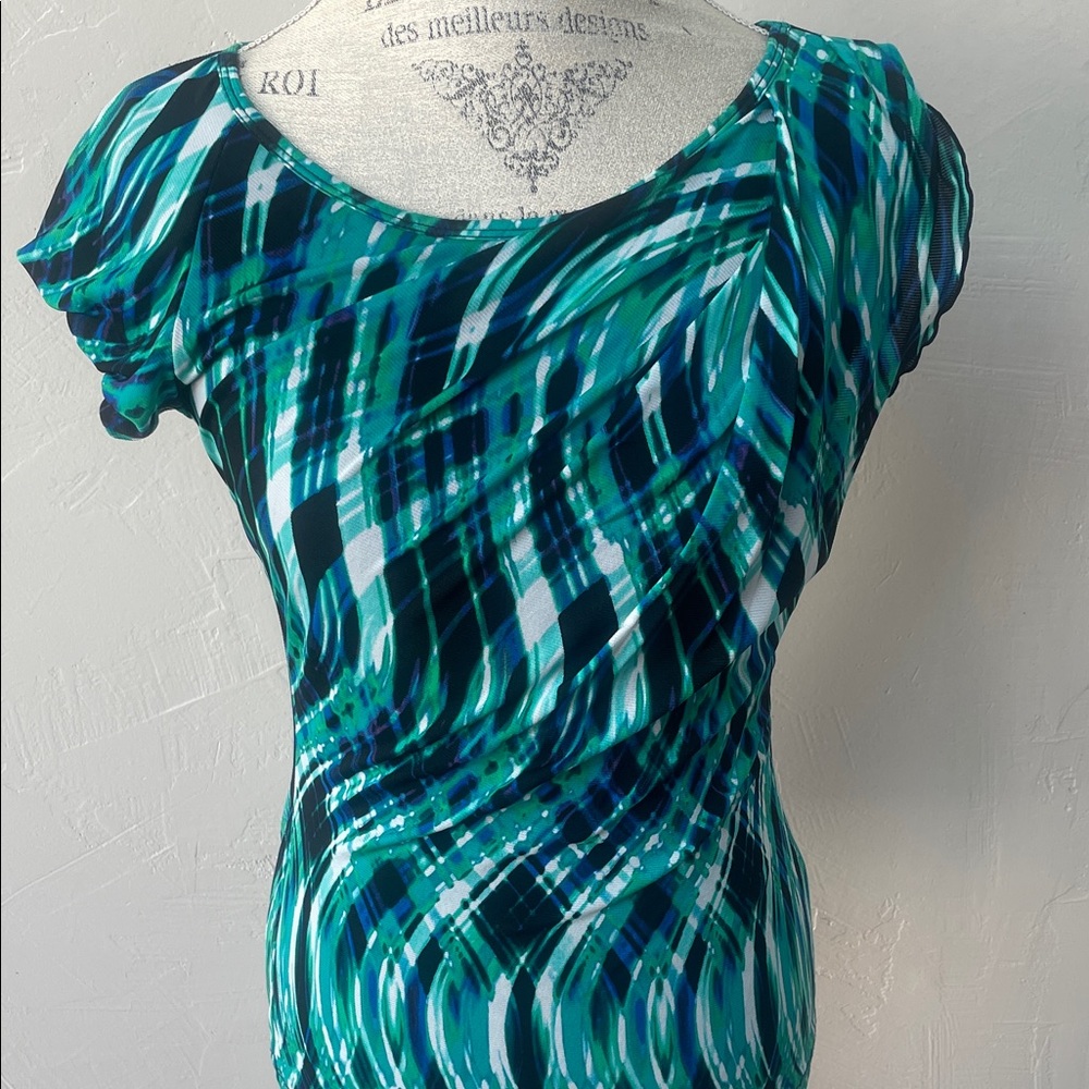 4/$20 Worthington Teal and Blue Patterned Women's Blouse